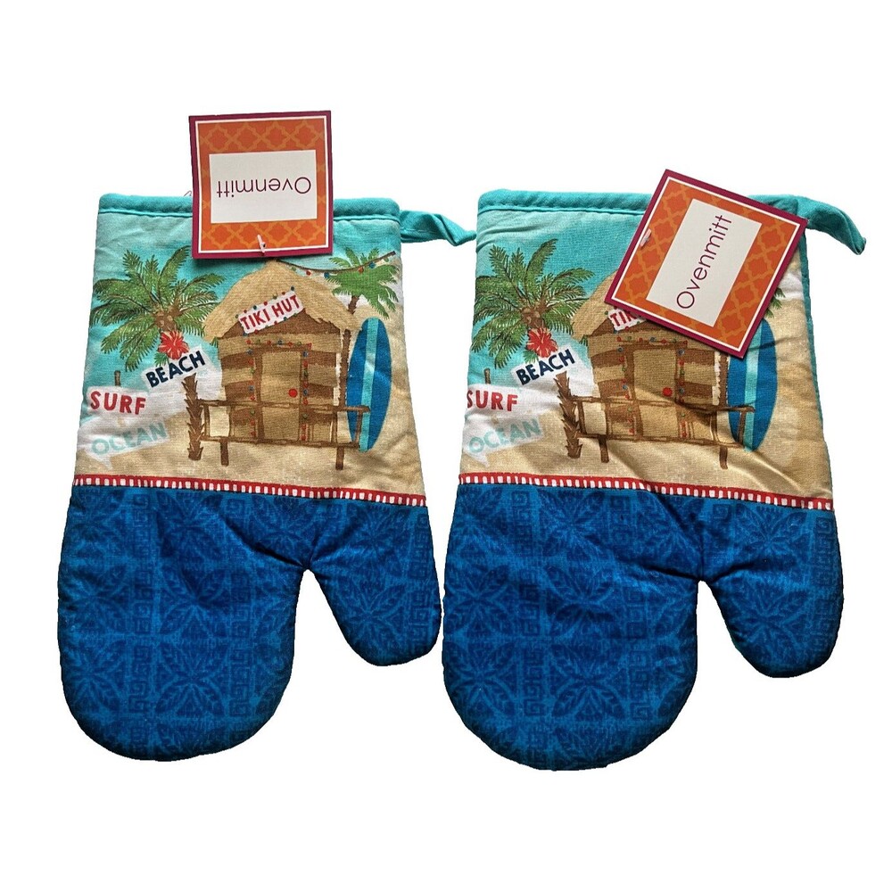 Kitchen Oven Mitts Set of 2 Tiki Hut Surfboards Summer Beach Palm Tree